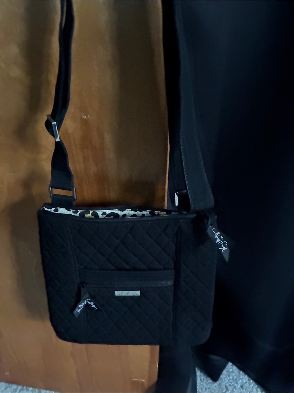 Vera Bradley Black Quilted Crossbody with Leopard Interior